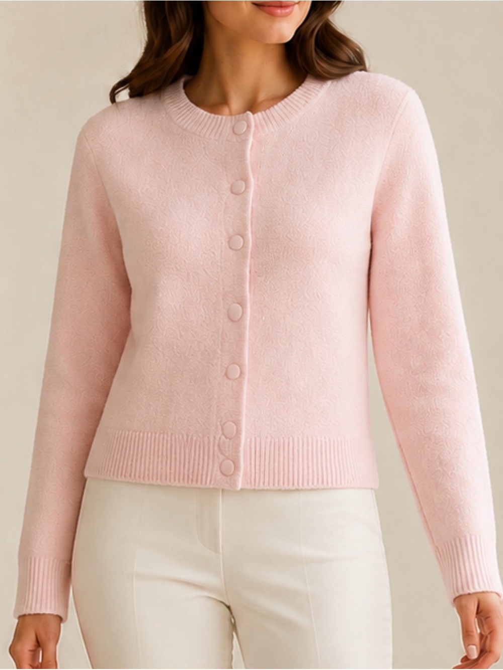 Classic Pink Crewneck Button-Front Sweater